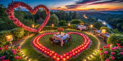 Fototapeta premium Aerial View of a Romantic Valentine's Day Celebration with Heart-Shaped Decorations, Candles, and Flowers in a Scenic Outdoor Setting Captured by Drone Photography