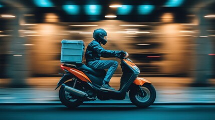 Dynamic Motion of a Delivery Scooter Rider Navigating the Urban Streets at Night with Blurred Lights in the Background