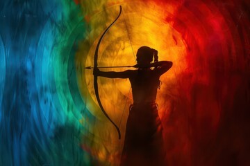 A silhouette of a person doing archery, with a background of a target in abstract colors