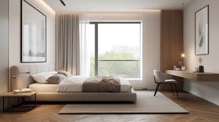 Fototapeta premium Modern bedroom with calming natural light.