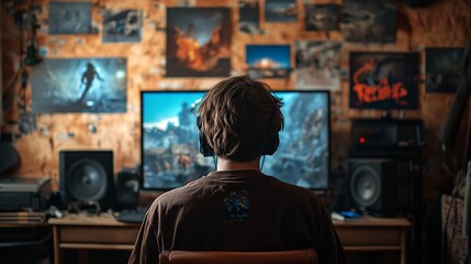 Obraz premium a man sitting in front of a tv in a room with a lot of pictures on the wall