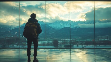Fototapeta premium A man with a backpack is standing in front of a window looking out at the mountains
