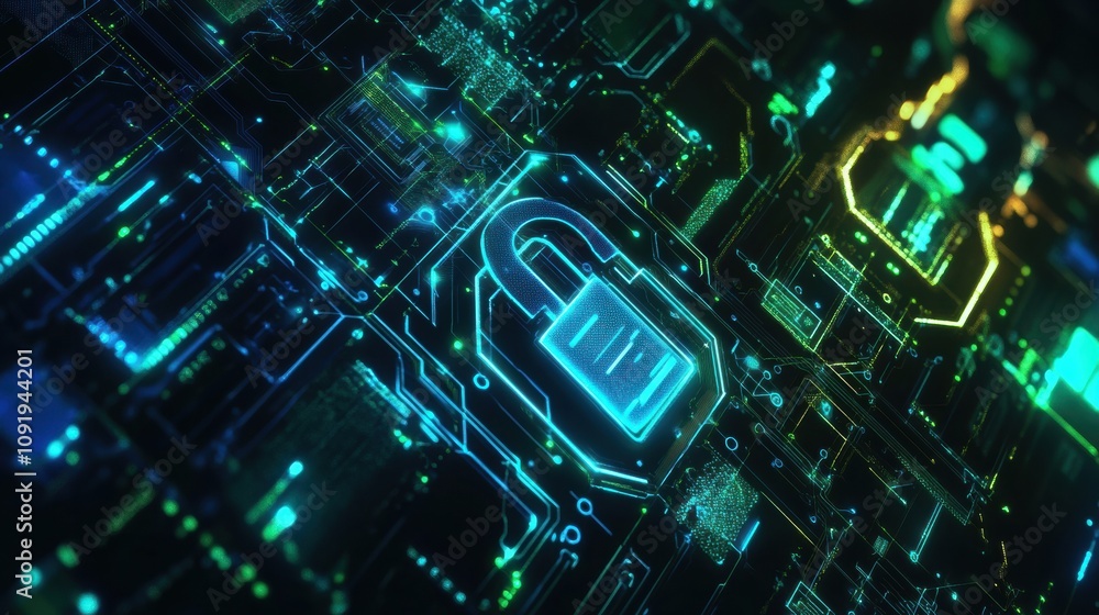 Aufkleber This digital background showcases a striking abstract composition of padlocks and keys embedded in a vibrant circuitry layout. Generative AI