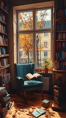 Fototapeta premium Cozy reading nook with an open book, surrounded by shelves and autumn leaves.