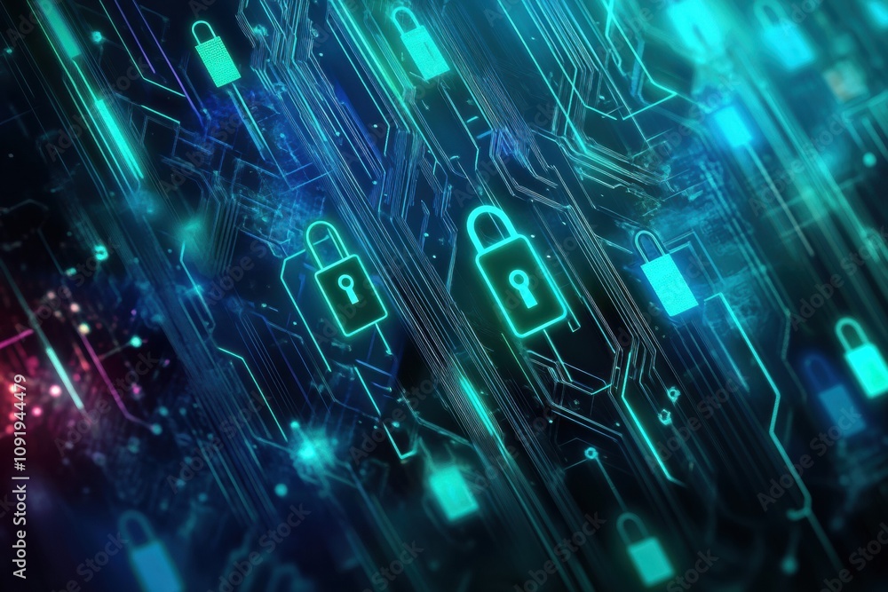 Fototapete this abstract piece features a blend of padlocks and keys illuminated in bright colors, symbolizing 