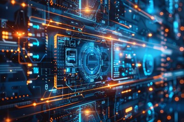 Obraz premium A vibrant digital interface features glowing circuits and data streams, creating a high-tech atmosphere with intricate patterns and deep blue tones, enhancing technological aesthetics.