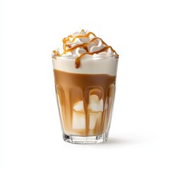 A creamy caramel macchiato with caramel drizzle and espresso shots in a clear glass, isolated white background, impressionism art style