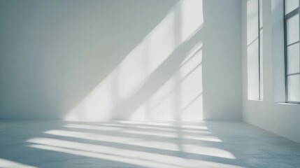 Obraz premium A minimalist room with sunlight casting shadows through large windows.