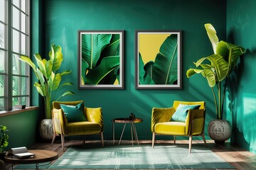 modern room with sofa,pillows,pictures,table,plant and curtains interior design. 3D illustration