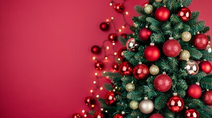 Festive Christmas tree with red and gold ornaments.