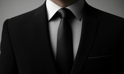 Formal black suit with tie, elegant attire for business or formal events, showcasing crisp white shirt and sleek design