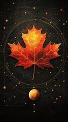 Vibrant Neon Maple Leaf Surrounded by Glowing Planet Against Dark Cosmic Background with Circuits and Stars for Inspirational Aesthetic Artwork