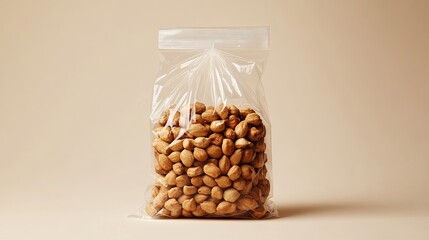 Transparent Plastic Bag Containing Nuts Against a Neutral Background, Highlighting the Natural Texture and Color of the Nuts Inside the Bag