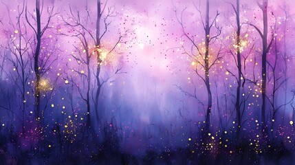 Purple evening woods with golden sparkles. Abstract grunge illustration. 