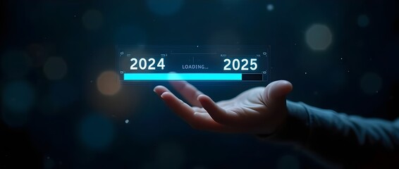 A person pointing to loading bar transitioning from 2024 to 2025, progress, future planning, and new year goals. Progress and transition from 2024 to 2025 concept. annual planning and business growth,