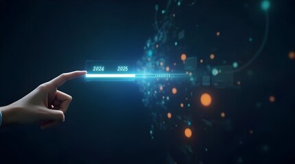 A person pointing to loading bar transitioning from 2024 to 2025, progress, future planning, and new year goals. Progress and transition from 2024 to 2025 concept. annual planning and business growth,