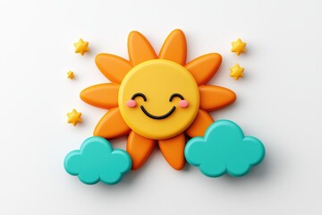 Fototapeta premium Bright and Cheerful Sun with Smiling Face, Colorful Clouds and Stars on a Clean Background for Joyful and Playful Themes in Digital Art or Children's Projects