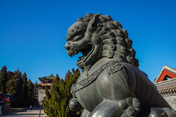 Obraz premium Bronze lion sculpture outside the gate of Summer Palace Museum in Beijing.