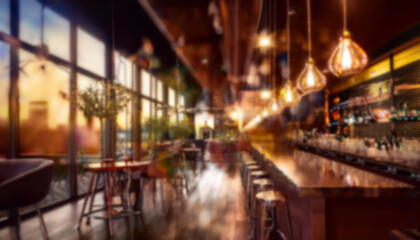 Fototapeta premium A softly blurred view of a chic bar with a minimalist design