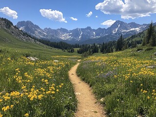 Obraz premium Beautiful Hiking Trail Through a Picturesque Meadow with Rolling Green Hills