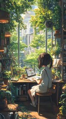 Naklejka premium A young Asian girl surrounded by plants, deeply focused on her laptop in a cozy study.