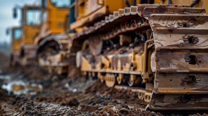 Fototapeta premium Metal tracks and powerful blades are seen in a row of graders shaping and leveling the land.