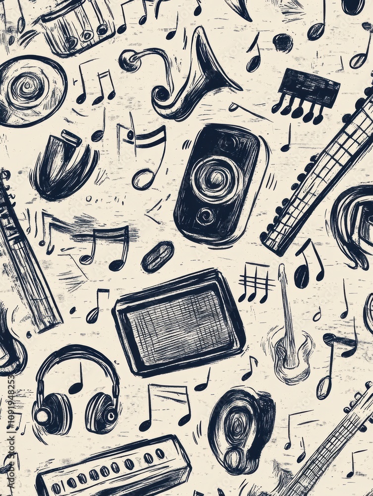 Poster intricate doodle pattern showcases a variety of musical instruments, notes, headphones, and sound wa