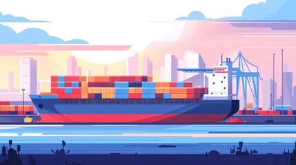 Obraz premium Vibrant Container Ship Loading at Sunset in Modern Port Setting with City Skyline and Cranes in Background, Showcasing Maritime Trade and Industry