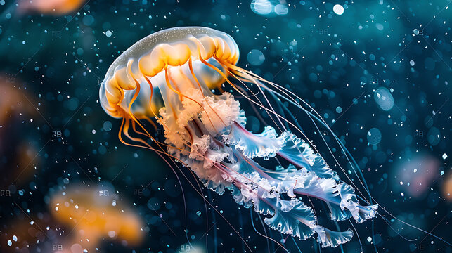 underwater wildlife, authentic jellyfish in the depths of the ocean