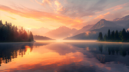 Tranquil Sunrise Over Serene Mountain Lake with Reflective Waters and Misty Morning Calm