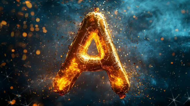 A cute balloon-shaped letter 'A' in gold colors, multicolored particles and color smoke background