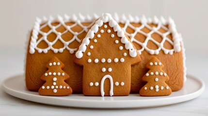 Gingerbread house with decorative icing and trees.