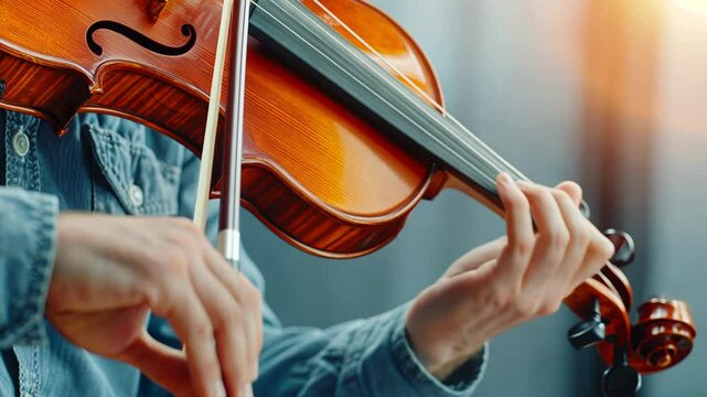 Close-up of hands playing violin, music and craftsmanship