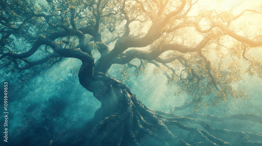 Aufkleber an abstract portrayal of a tree of life with intricately intertwined branches and roots conveys them