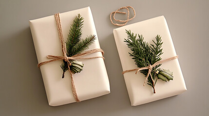 Minimalist Christmas gift design, elegant wrapping with natural twine and evergreen sprigs, watercolor style 
