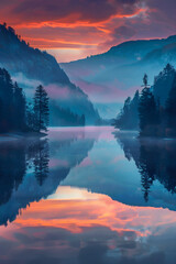 Tranquil Sunrise Over Serene Mountain Lake with Reflective Waters and Misty Morning Calm