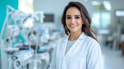 Fototapeta premium The woman doctor, dressed in a white coat, stands in her clinic with a warm smile on her face as she greets her patients with compassion and reassurance