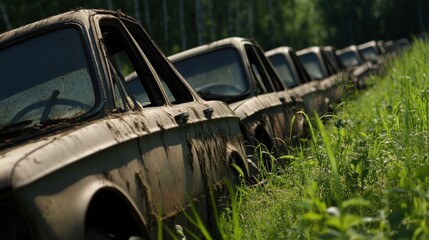 Haunting scene of abandoned vintage cars, rusted and overgrown, nestled in lush grass. soft sunlight filters through trees, revealing textures of decay and naturereclamation.