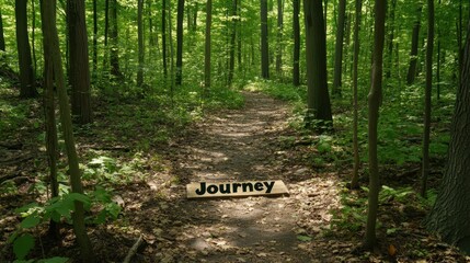 Serene forest path invites exploration, framed by tall trees. sunlight filters through the leaves, casting soft light. wooden sign reading journey symbolizes adventure and new beginnings.