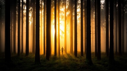 Serene silhouette stands among towering pines in misty forest, as golden dawn light breaks through the foliage, illuminating swirling mist and lush ferns.