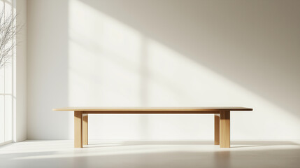 Minimalist solid wood dining table, light-colored wooden legs, a long rectangular tabletop, placed in an empty room with bright sunlight shining through the window on one side of it