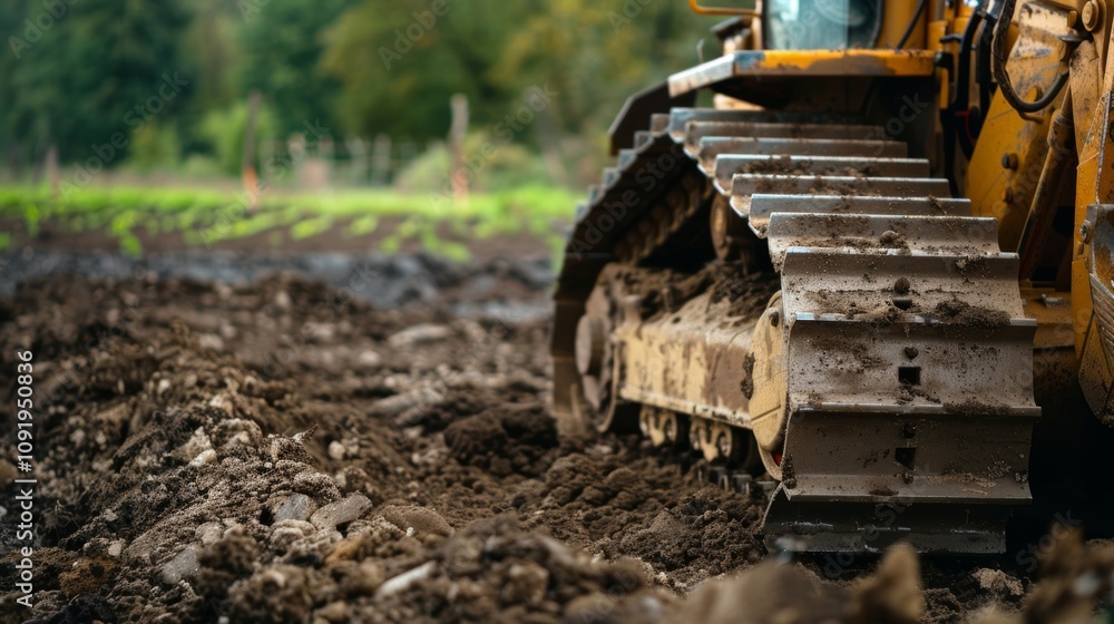 Aufkleber a bulldozer smoothing out the rough terrain to create a level surface for a future garden.