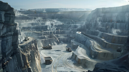 Expansive Quarry with Heavy Machinery and Rugged Rock Faces Under a Clear Blue Sky