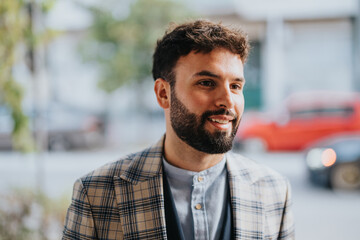 Naklejka premium A confident, bearded man in a stylish plaid jacket smiles as he stands outdoors in an urban setting. The blurred background includes moving vehicles, suggesting a bustling city environment.
