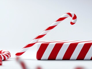 Obraz premium Red and white striped candy cane on a striped surface against a white background.