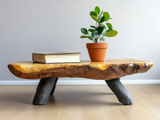 Rustic Handcrafted Wooden Coffee Table with Potted Plant and Book, Concept of Minimalist Cozy Home Decor, Natural Materials, Indoor Plants, and Sustainable Living