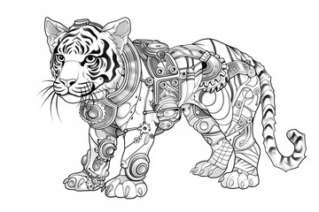 Fototapeta premium A majestic robotic tiger with intricate mechanical detailing and a fierce expression, blending nature with technology in a striking monochrome design.