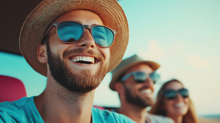 A group of friends enjoying a sunny day, smiling and wearing sunglasses, capturing a cheerful and carefree moment together.
