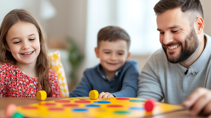 Fototapeta premium A joyful family playing a colorful board game together, showcasing smiles and a fun bonding experience in a cozy setting.