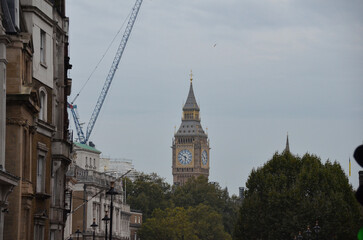 Street view of Trafalgar Square in London, Big Ben tower in the background. London, England, United...